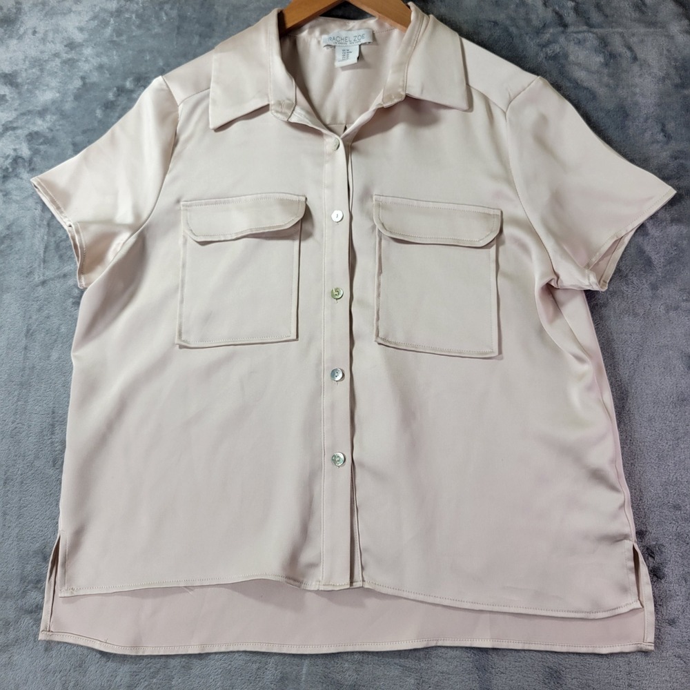 Rachel Zoe Champagne Satin Short Sleeve Button Down Blouse M Pocket Top Chic
